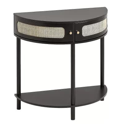 Rattan Console Table with Storage Compartments for Entryway or Living Room - Black