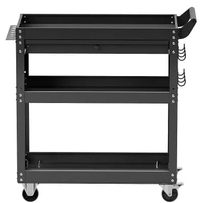 4 tier Rolling Tool Cart with Trays, Pegboards, and Lockable Drawer Black