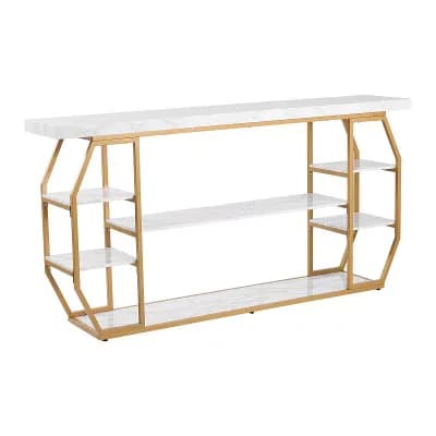 Hallway Table with Multi-Tier Storage and Faux Marble Surface White