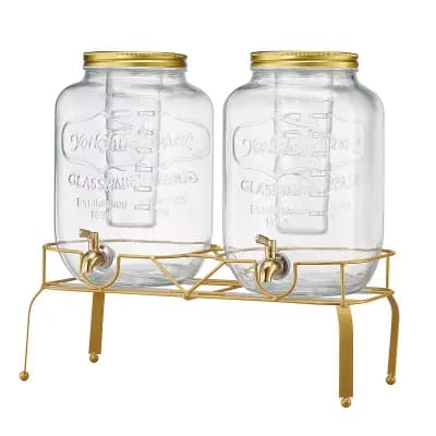 Dual Glass Beverage Dispenser Set with No-Drip Spigots and Fitted Lids