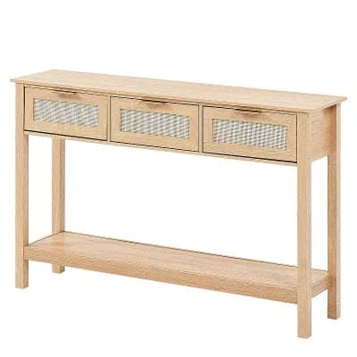 Rattan Accent Console Table with Three Drawers for Living Room or Entryway