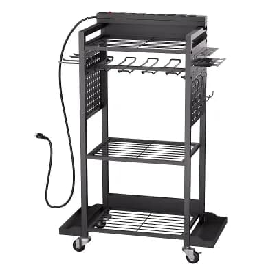 Compact Rolling Utility Cart with Shelves and Built-In Charging Station Black