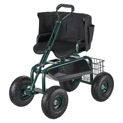 Garden Work Seat with Pull Handle, Inflatable Tires, and Storage Basket