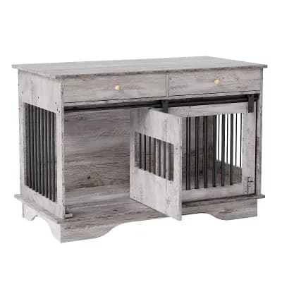 47'' Dog Crate Furniture with Barn Door,Dog Kennel Indoor with 2 Doors, Wooden Pet Cage, End Table