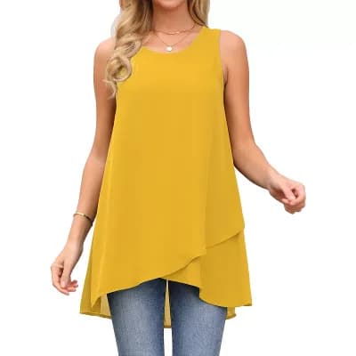 Women's High Low Top Casual Sleeveless Chiffon Blouse Crewneck Asymmetrical Loose Shirt Summer Tops
