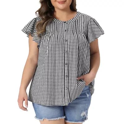 Plus Size Gingham Shirts Button Down Round Neck Ruffle Sleeve Back Pleated 1950s Vintage Plaid Tops