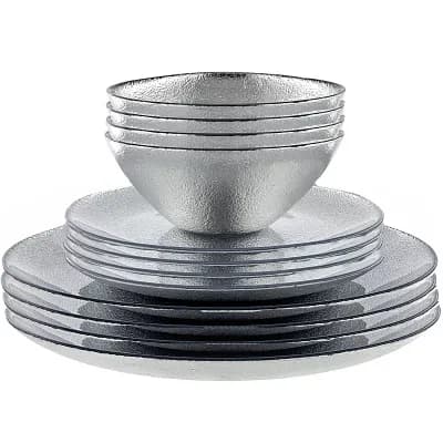 12 pc Modern Glass Dinnerware Plates and Bowls Set with Sand Inspired Pattern for Dinner Parties