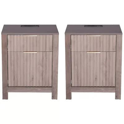 2 pc Farmhouse Side Table with USB and Outlet, End Table for Sofa or Bedroom - Grey