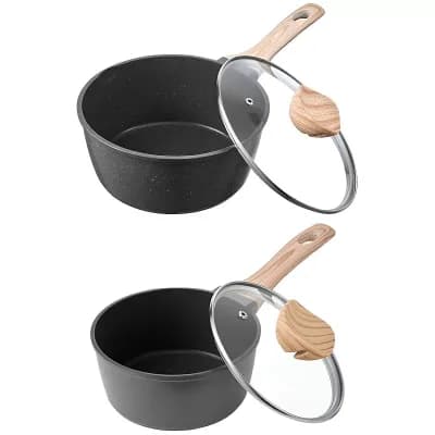 2 pc Aluminum Saucepan Set 1.5-qt & 2.5-qt Nonstick Marble Coating with Glass Lids - Black