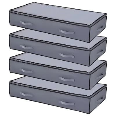 4 pc Under Bed Storage Organizer 90 L with Transparent Top Foldable Clothes Blanket Box Grey