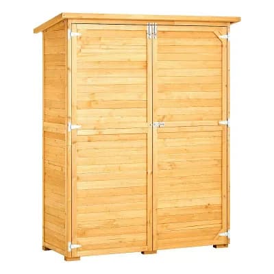 Cedar Wood Outdoor Storage Shed with Galvanized Sloped Roof and Four Interior Shelves Natural