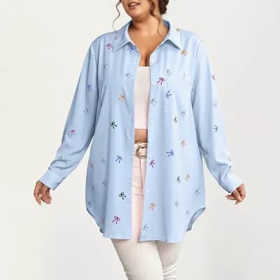 Women's Plus Size Bow Print Long Sleeve Button Down Shirt with Relaxed Fit and Soft Fabric