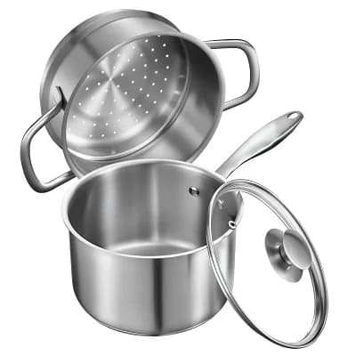 Stainless Steel Sauce Pan with Steamer Insert and Clear Glass Lid for Everyday Cooking - Silver