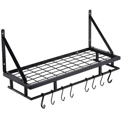 Wall Mounted Stainless Steel Pot Rack with Hooks, Matte Black Kitchen Organizer, 24.61 in W
