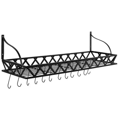 Kitchen Wall Organizer with 12 Hanging Hooks and Top Storage Shelf, Black, 36.25"