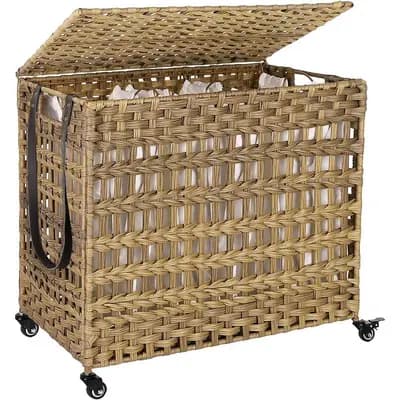 3-Compartment Rolling Laundry Hamper with Handles, Foldable Rattan-Style Laundry Organizer