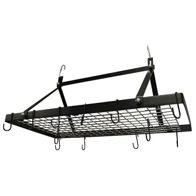 Rectangular Hanging Pot Rack Black Steel Ceiling or Wall Mounted with Hooks 32 in