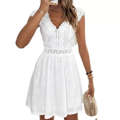 Women Ruffle Cap Sleeve Dress Lace V Neck Embroidery Eyelet A Line Elegant Summer Dresses