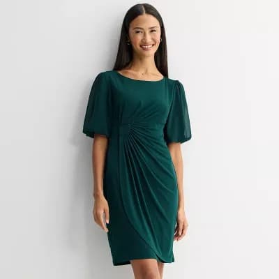 Petite Studio Connection Solid Side Drape Skirt with Chiffon Puff Sleeve