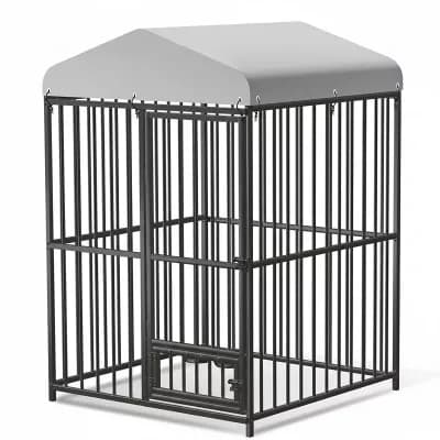 4x4x6 FT Dog Kennel Outdoor, Dog Cage with Waterproof Top Cover,Swivel Stainless Steel Feeding Bowl