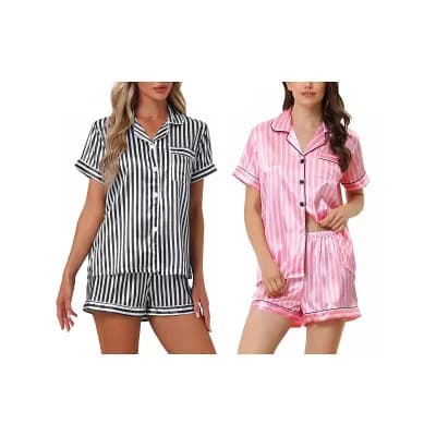 2 Sets Women's 2 pc Pajama Set Button Down Shirt and Shorts Contrast Sleepwear
