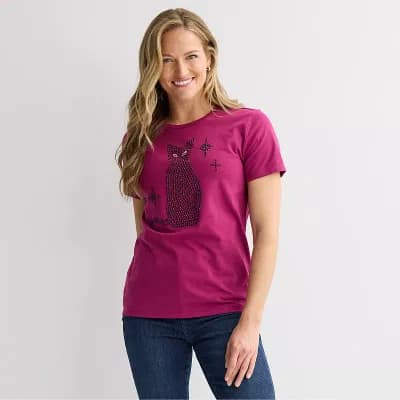 Women's Black Cat Short Sleeve Graphic Tee with Rhinestones