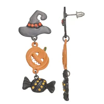 Gold Tone Witch Pumpkin Candy Linear Earrings