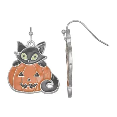 Silver Tone Cat Pumpkin Dangle Earrings