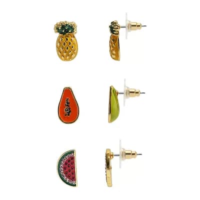 Emberly 3-Pair Gold Tone Fruit Stud Earring Set