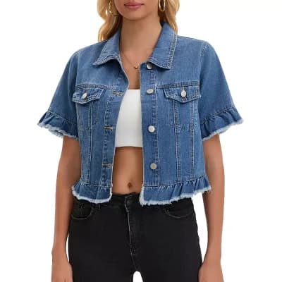 Women's Short Sleeve Denim Jacket Button Down Lightweight Ruffle Jean Jacket