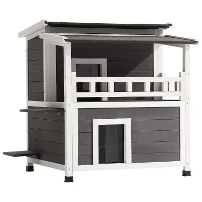 Two-Story Outdoor Wooden Cat House with Foam-Insulated Walls and Raised Legs - White, Grey