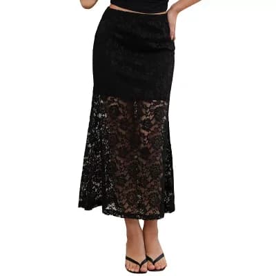 Maxi Lace Skirt for Women's Elastic High Waisted Flowy Summer Casual Long Skirts