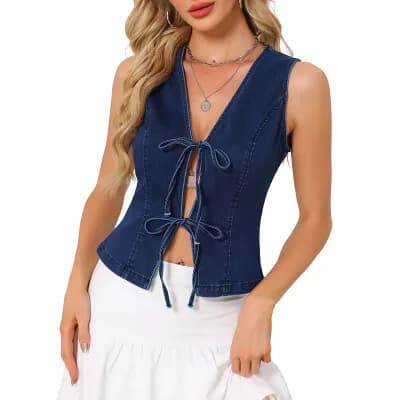 Denim Vest Top for Women V Neck Tie Front Sleeveless Waistcoat Jean Vests