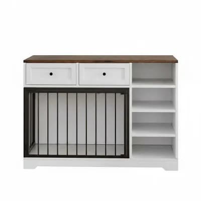 Multifunctional Dog Crate Furniture, Indoor Wooden Dog Bed TV Stand w/2 Drawers & 4 Shelves