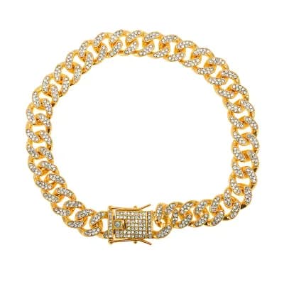 Rhinestone Dog Necklace Cuban Link Collar 16" Gold Tone 1 pc