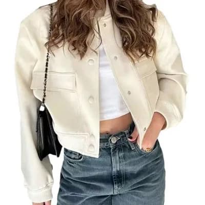 Womens Cropped Bomber Jacket Button Down Varsity Jackets Shackets with Pockets