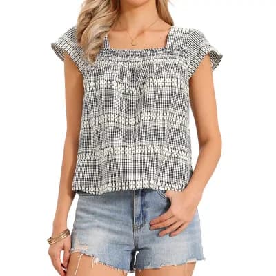 Gingham Top for Women Casual Square Neck Cap Sleeve Peasant Summer Blouse Top