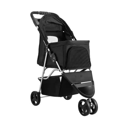 Portable Pet Stroller with Mesh Cabin, Quick-Fold Design, and Storage Basket