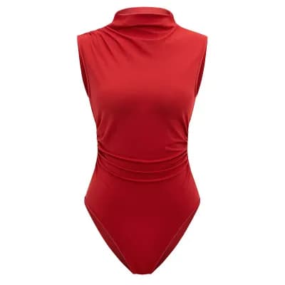 Women's Basic Bodysuit Sleeveless Mock Neck Side Ruched Slim Fit