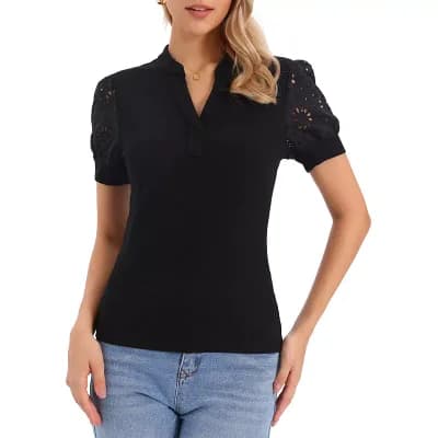 Knit Top for Women's Vintage V Neck Crochet Sleeve Casual Pullover Top