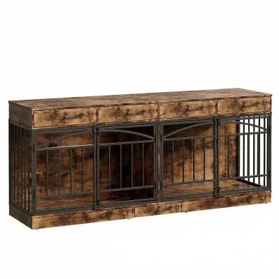 Dog Crate Furniture for 2 Dogs, Dog Kennel Indoor with 4 Storage Drawers and Feeding Bowls