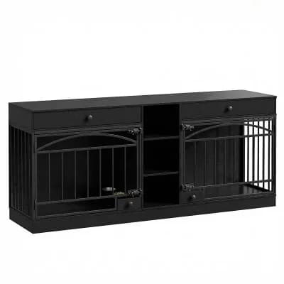 Dog Crate Furniture for 2 Dogs, Dog Kennel Indoor with 2 Storage Drawers, 3 Shelves& Feeding Bowls