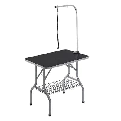 Portable Pet Grooming Table with Adjustable Arms Tool Shelf and Non-Slip Tabletop