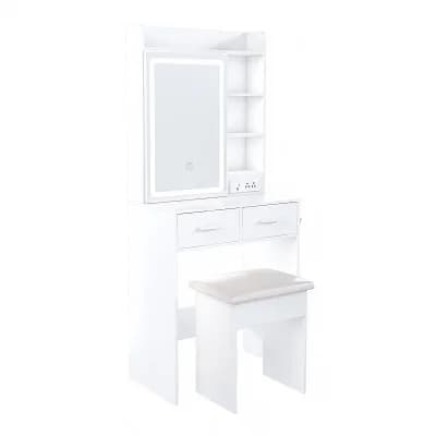 Small Makeup Vanity Desk with Mirror, Adjustable LED Lights, Built-in Outlet, Storage, and Stool