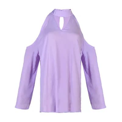 Women's Cold Shoulder Choker V-Neck Blouse, Long Bell Sleeve Top, Purple, M