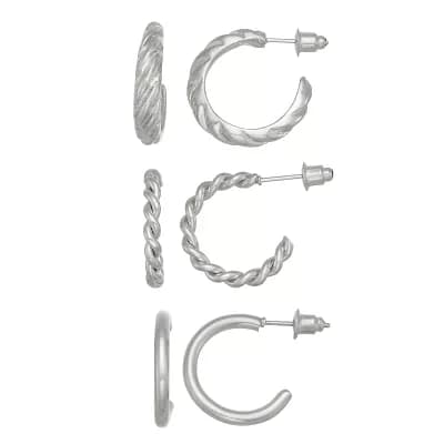 SO® 3-Pair Silver Tone Hoop Earring Set