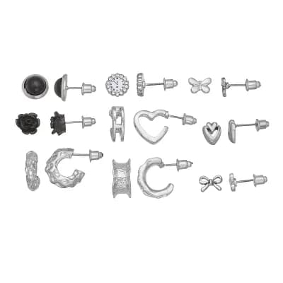 SO® 9-Pair Silver Tone Mixed Stud & Hoop Earring Set