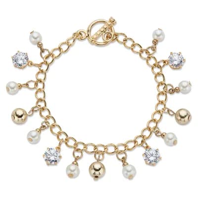 Crystal and Genuine Cultured Freshwater Pearl Goldtone Beaded Bracelet 7.5"