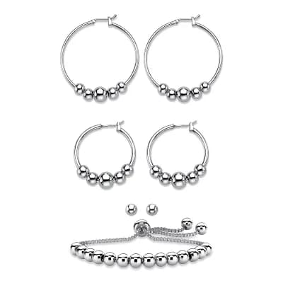Silvertone 4 pc Beaded Textured Earrings and Adjustable Slider Bracelet Set