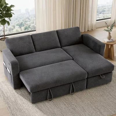 Maxspeed 2 in 1 Pull Out Sleeper Sofa with Storage Chenille Sectional Couch with USB for Living Room